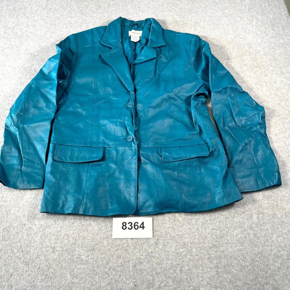 Chadwicks Blazer Jacket Women 16 Teal Blue Leather Lined Collared Flap‎ Pockets